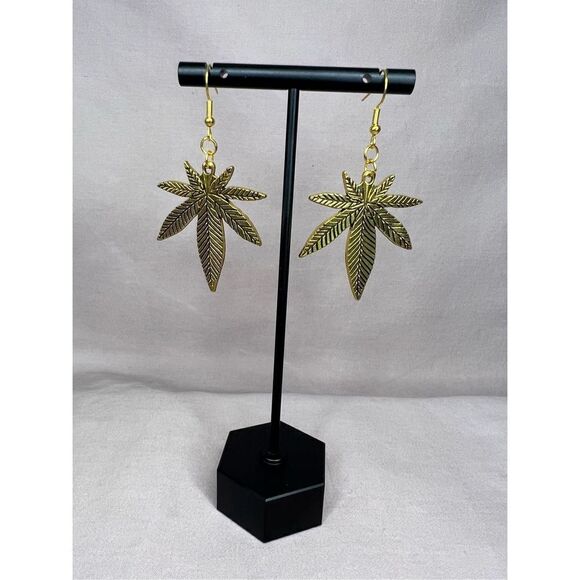 Handmade Gold Large Pot Leaf Dangly Earrings With Black Detailing - Picture 1 of 3